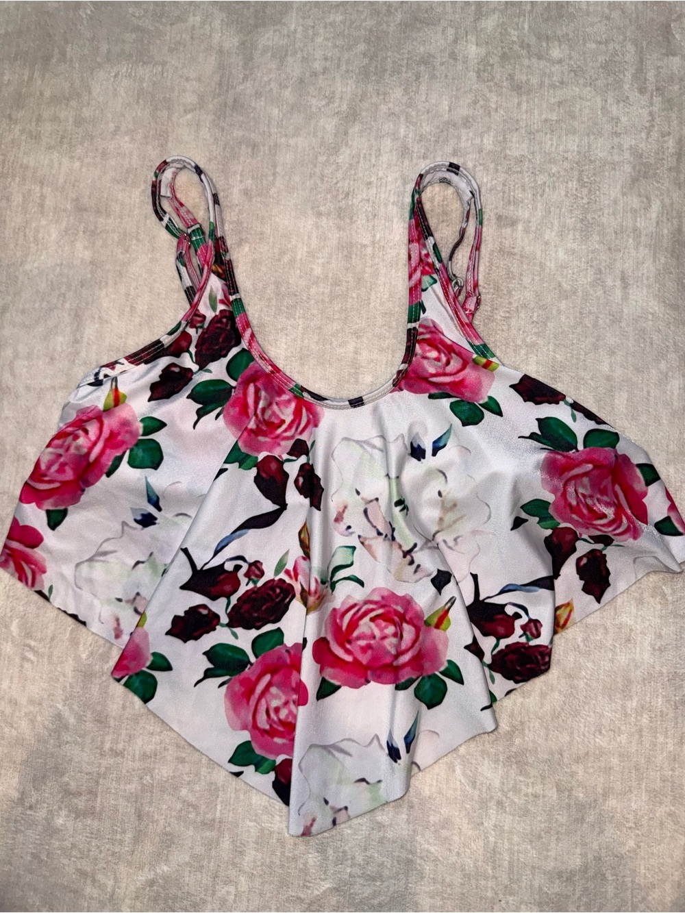 Floral Ruffle Bikini Top in White with Pink Rose Print